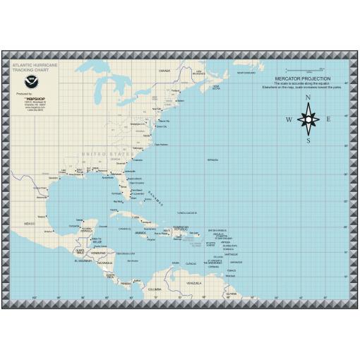 Detailed Atlantic hurricane tracking map featuring the Atlantic Hurricane Tracking Chart by The Map Shop, ideal for weather enthusiasts and navigators. Includes geographic details and hurricane pathways.