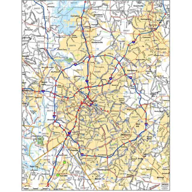 Detailed map of Charlotte and surrounding North Carolina areas highlighting major highways, streets, neighborhoods, and geographic features. Essential for navigation, travel planning, and geographic reference.