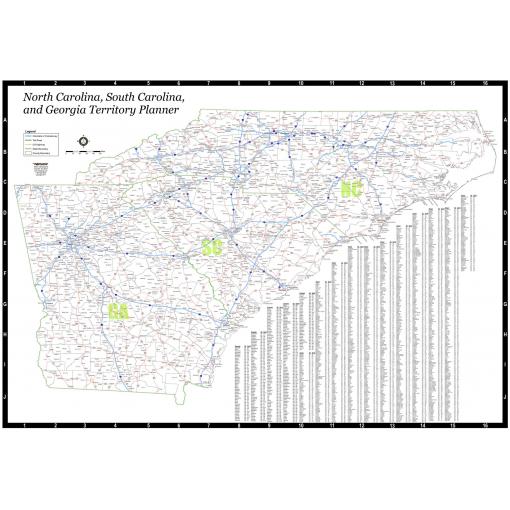 North Carolina South Carolina Georgia Territory Planner map with detailed highways and county boundaries, ideal for travelers, educators, and map enthusiasts interested in regional navigation.