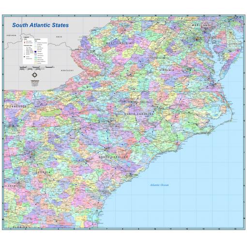 Map of South Atlantic States featuring detailed roads, cities, and geographic features, available from The Map Shop for travel planning and geographic reference.