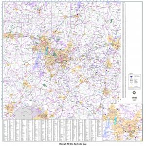 Raleigh 50-Mile Radius Zip Code Wall Map by MapShop