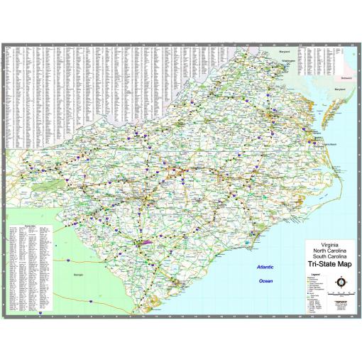 Detailed tri-state map of Virginia, North Carolina, and South Carolina showing highways, counties, and landmarks, perfect for travel planning and navigation.