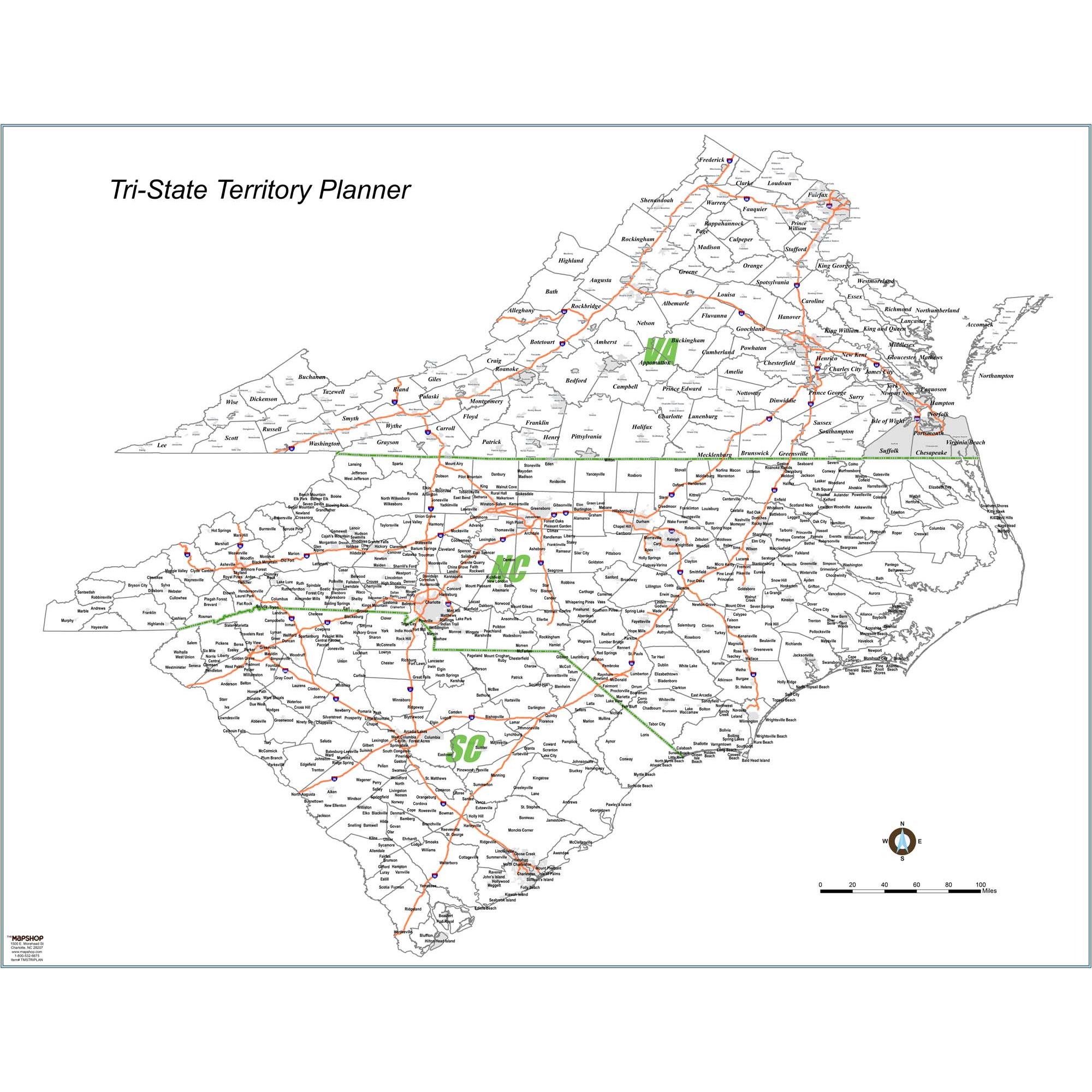 Nc Sc County Map North Carolina, South Carolina, Virginia Territory Planner Wall Map - The  Map Shop
