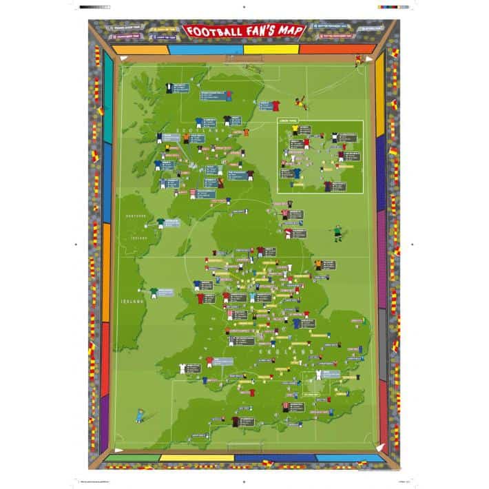 Football fan's map of the UK showing various football teams and landmarks as a colorful, illustrated map.