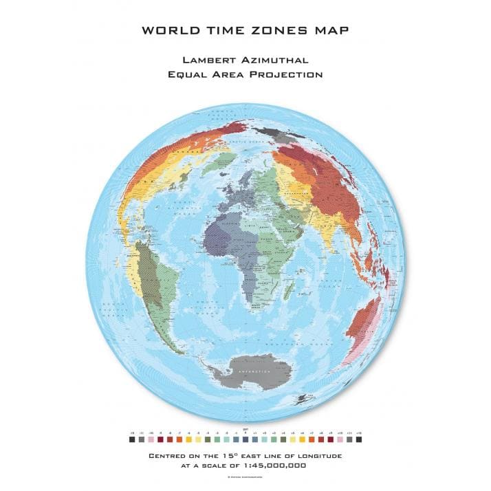 Color-coded world map showing time zones with azimuthal equal area projection, designed for geographic reference and global planning. Ideal for navigation, travel, and educational purposes.