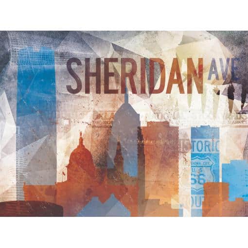 Detailed cityscape of Sheridan Avenue with iconic landmarks, vibrant colors, and artistic overlays showcasing the historic and cultural significance of the area. Perfect for maps, travel, and local exploration.