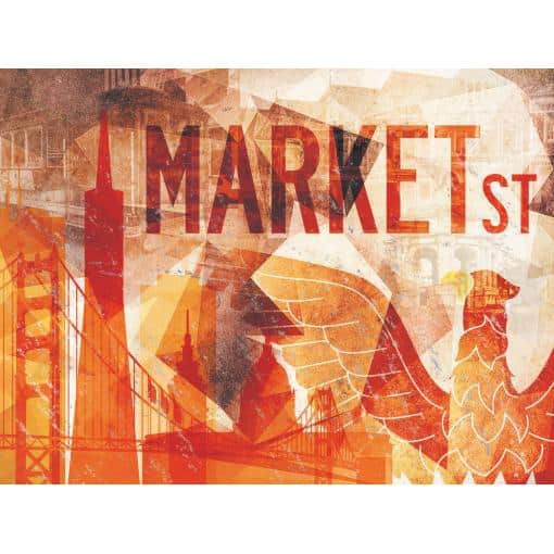 Vibrant map shop graphic featuring San Francisco landmarks, including the Golden Gate Bridge and cityscape, highlighting custom maps, travel maps, and navigation tools for map enthusiasts and travelers.