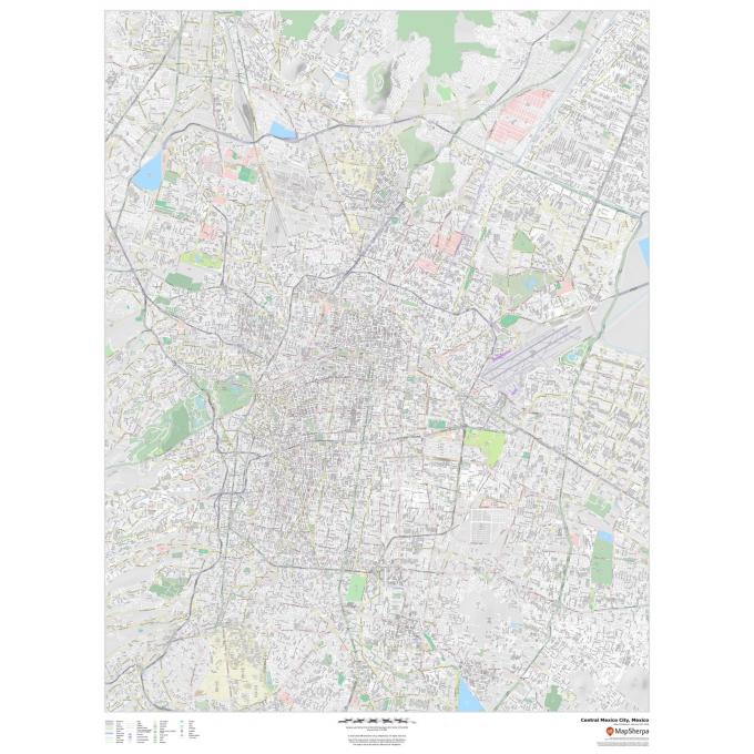 Detailed street map of Mexico City, Mexico, showcasing roads, parks, and urban features for accurate navigation and geographic reference.