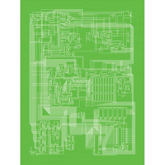 Circuit wiring diagram with electronic components on green background, technical schematic for electronic projects, circuit design, and electrical engineering concept.