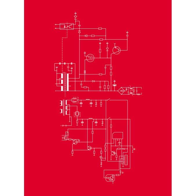Analog electronic circuit schematic diagram with various components on a red background, suitable for electronics and engineering enthusiasts, designed for technical reference and electrical troubleshooting.