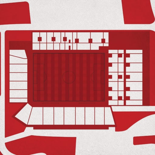 Bright red graphic of a soccer stadium seating chart and field layout, used for sports venue maps, seating arrangements, and event planning.