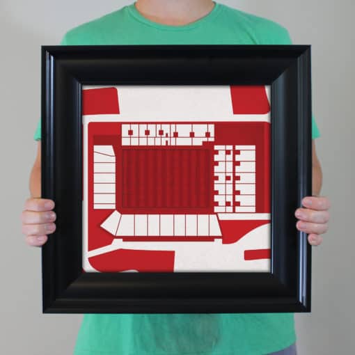 Detailed map of a sports stadium with seating sections, field, and surrounding pathways, designed for fans and visitors. Perfect for sports maps, stadium seating charts, and event planning.