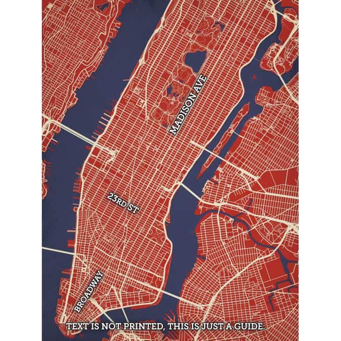 Map of New York City featuring major streets and waterways, including Madison Ave, 23rd St, and Broadway, highlighting detailed urban navigation for travelers and map enthusiasts.