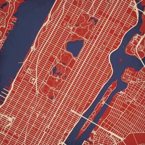 Detailed map of Central Park in New York City, showcasing its pathways, lakes, and surrounding urban layout in a modern, artistic style. Perfect for travel planning and navigation.