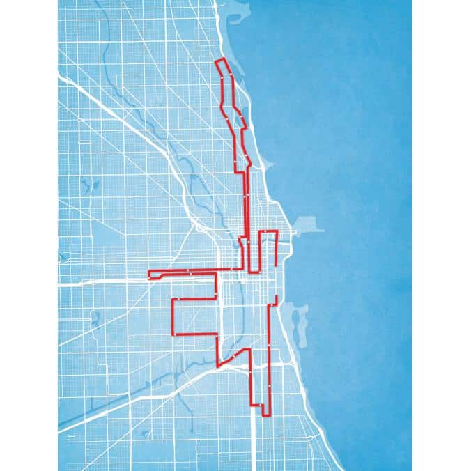 Red line map of Chicago city bike route highlighting transportation pathways.