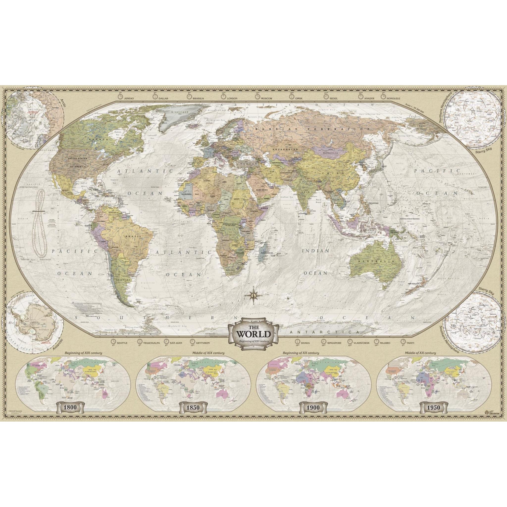 + Antique Style World Map Laminated, 18 x 29 Purple World & USA Map Chart 3 Pack