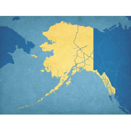 Detailed map highlighting the state of Alaska, featuring transportation routes and geographic features, ideal for outdoor enthusiasts, travelers, and map collectors.