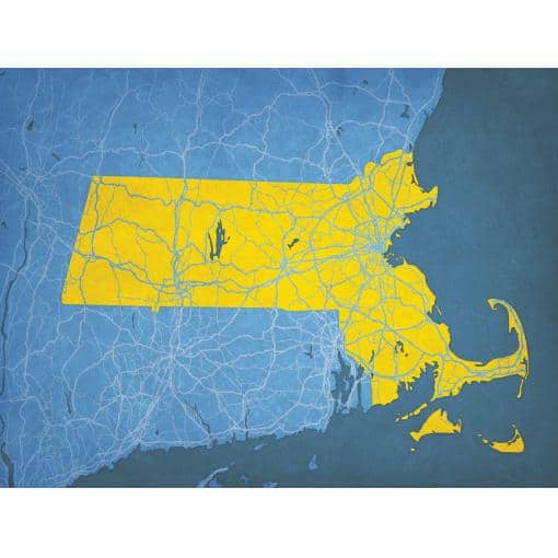 Detailed map of Massachusetts highlighting major roads and highways, showcasing mapping, navigation, and geographic data services on The Map Shop website.