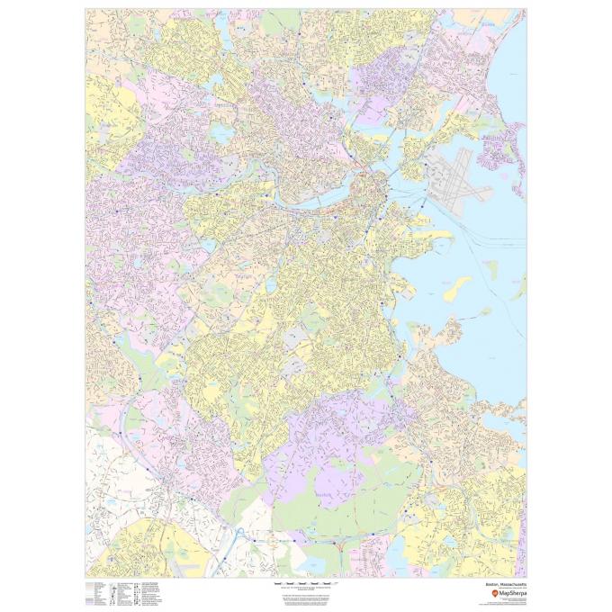 Detailed city map of Boston, Massachusetts, featuring streets, roads, waterways, and neighborhood boundaries, available from The Map Shop for navigation, travel planning, and geographic reference.
