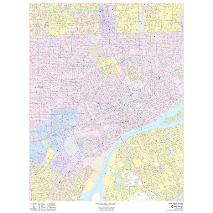 Detailed central Detroit city map with neighborhoods, streets, parks, and landmarks, ideal for travel planning, navigation, and outdoor adventures in Michigan.