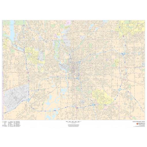 Detailed street map of Central Indianapolis, Indiana, with highways, neighborhoods, parks, and landmarks; ideal for navigation, travel planning, and geographic reference.