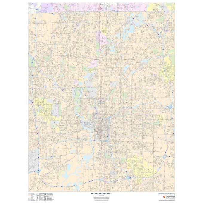 Map of Indianapolis, Indiana with detailed city streets, parks, and waterways, ideal for navigation, travel planning, and geographic reference.