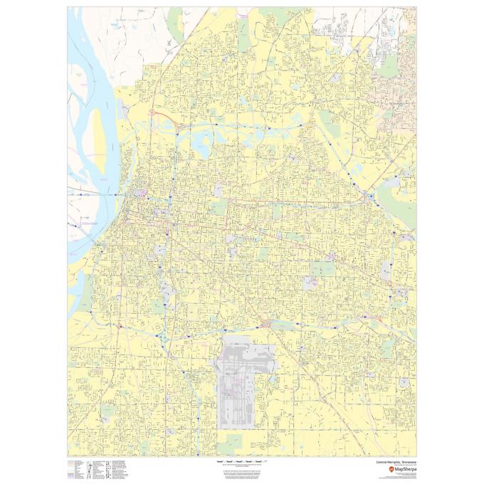Map of Memphis, Tennessee with detailed streets, highways, parks, and landmarks - ideal for navigation, local exploration, and travel planning.