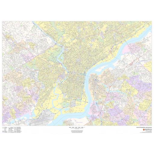 Detailed map of Central Philadelphia, Pennsylvania, featuring streets, parks, and waterways, ideal for navigation and planning with high-resolution cartography from The Map Shop.