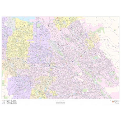 Detailed map of Central San Jose, California, showcasing streets, highways, parks, and landmarks, perfect for travel planning, navigation, and geographic reference by The Map Shop.