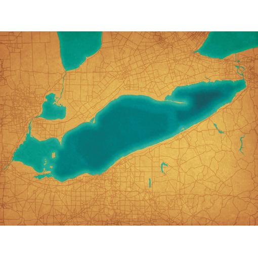 Detailed map of Lake Michigan featuring surrounding cities, highways, and waterways, highlighting geographic features and regional layout for navigation and exploration purposes.