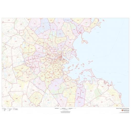 Detailed map of Boston, Massachusetts with ZIP code boundaries and street layouts from The Map Shop, ideal for travel, navigation, and local area reference.