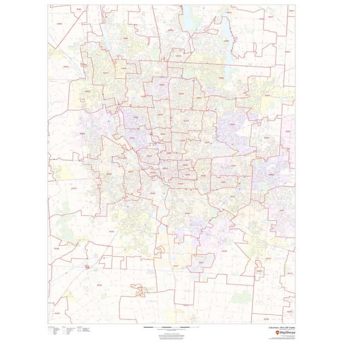 ZIP code map of Columbus, Ohio showing detailed area boundaries and divisions for postal services.