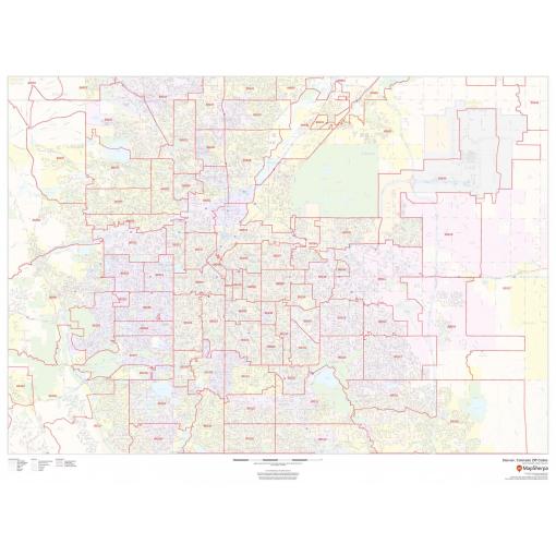 Detailed Denver, Colorado ZIP code map from The Map Shop, highlighting various postal codes for accurate navigation and postal service planning.