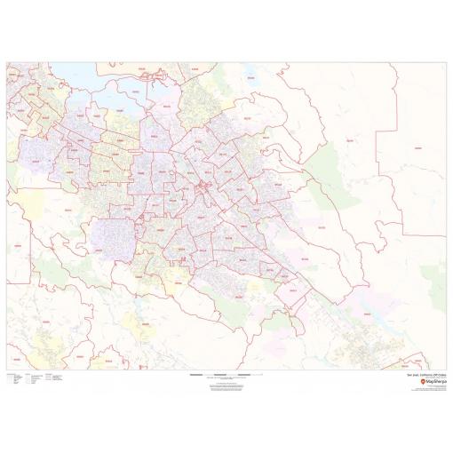 Detailed map of San Jose, California with city districts and ZIP codes, ideal for navigation, geographic analysis, and urban planning. Features up-to-date boundaries and neighborhood delineations.