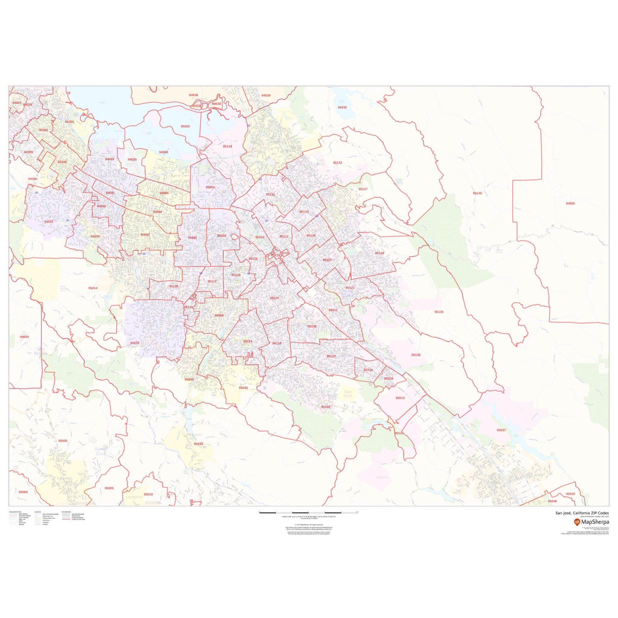 San Jose California ZIP Codes By Map Sherpa The Map Shop