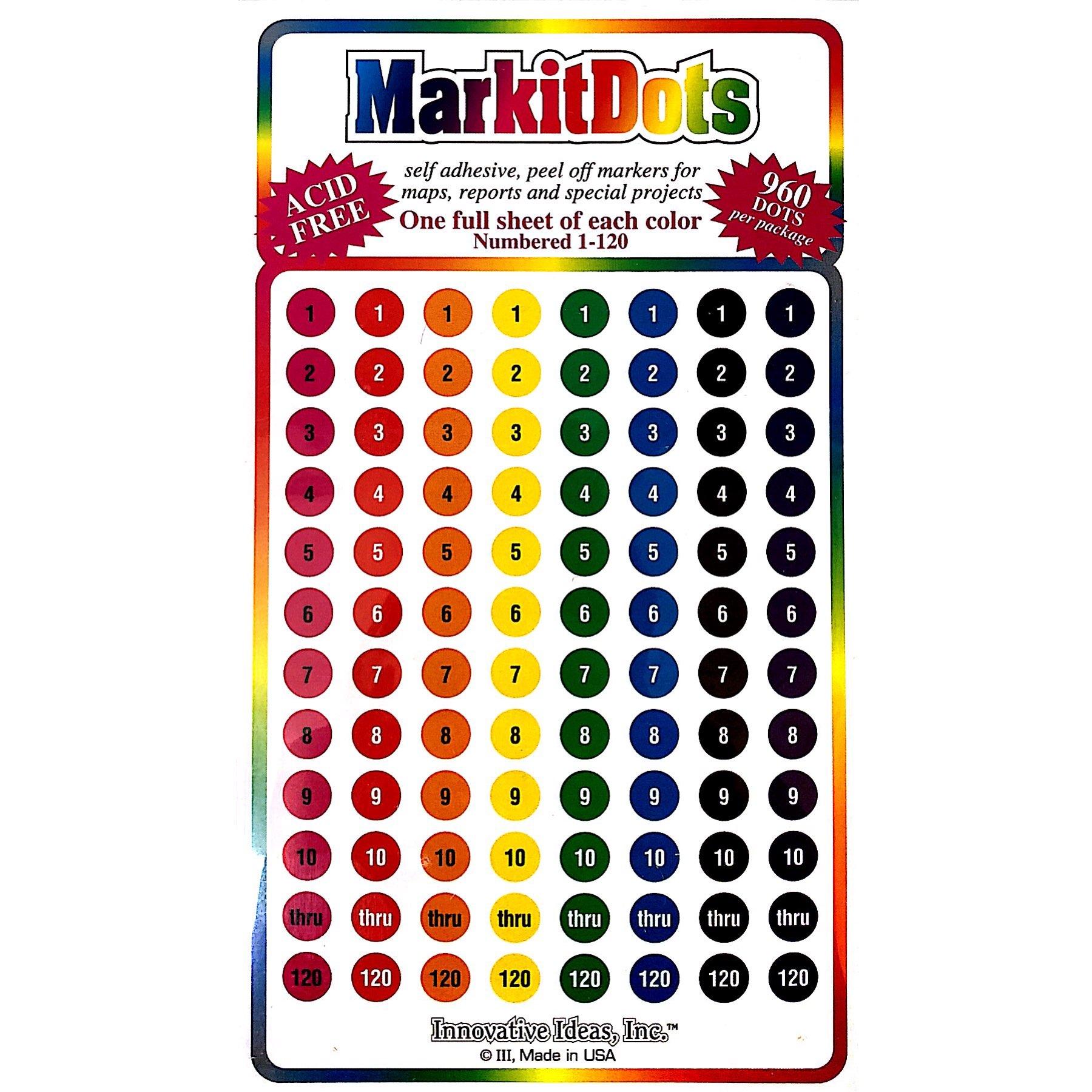 Medium 1/4 Removable Numbered 1-120 Mark-It Brand Dots for Maps, Reports or Projects - Eight Color Pack