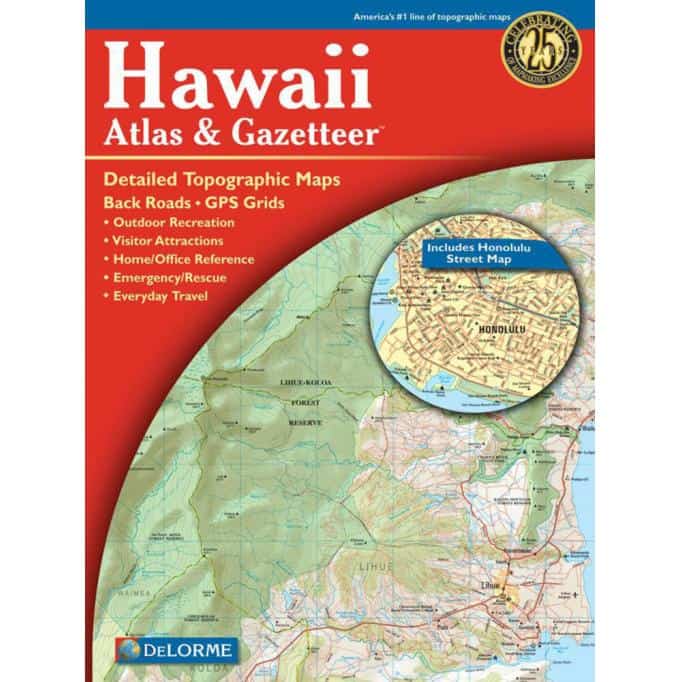 Detailed topographic map of Hawaii with back roads, GPS grids, and a Honolulu street map, ideal for outdoor recreation, visitor attractions, and travel planning from The Map Shop.