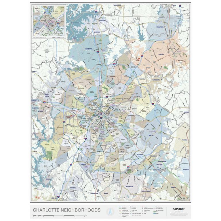Charlotte, NC Neighborhood Wall Map by MapShop