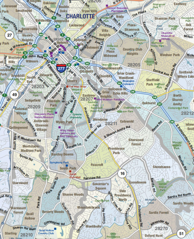 Charlotte, NC Neighborhood Wall Map by The Map Shop