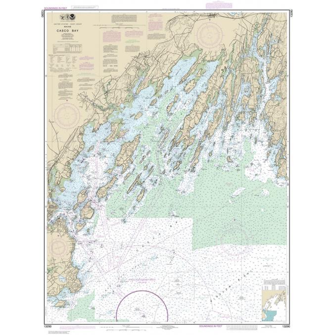 Detailed nautical chart of Casco Bay, Maine, featuring maritime navigation, depth contours, and coastal landmarks for boating, sailing, and marine navigation enthusiasts.