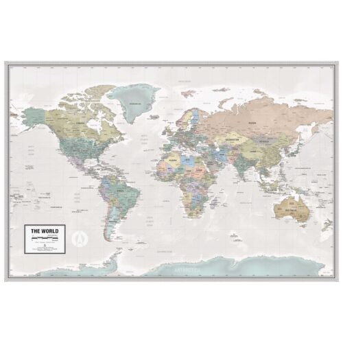 Political world map with countries labeled and color-coded, suitable for educational use, travel planning, and geographic reference from The Map Shop.