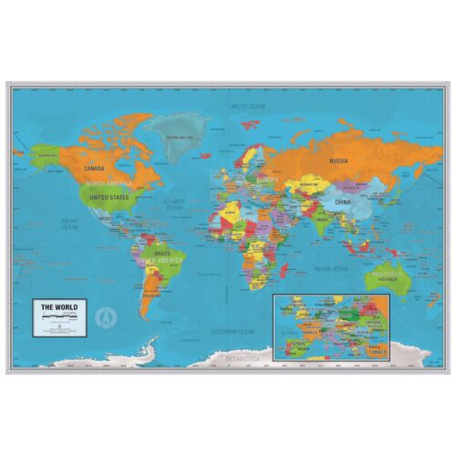 Detailed world map featuring countries and continents, ideal for travel planning, geography lessons, and educational purposes. High-quality wall map available at The Map Shop, perfect for home or office use.