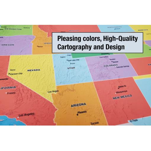 Brightly colored political map of the United States showing states, cities, and high-quality cartography, perfect for map enthusiasts and navigation needs.