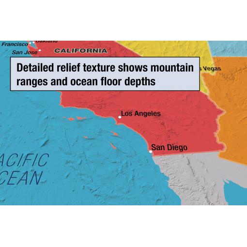 Colorful relief map of California with mountain ranges and ocean depths, showcasing detailed terrain textures for geographic and topographic reference.