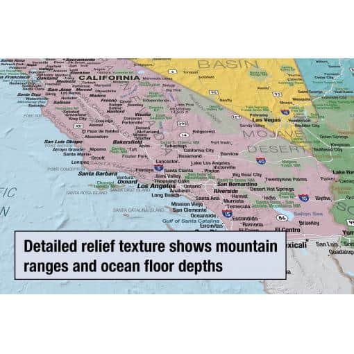 Mountain relief map of California showing ocean floor depths and mountain ranges, detailed topography, and geographic features, ideal for navigation and geographic education.