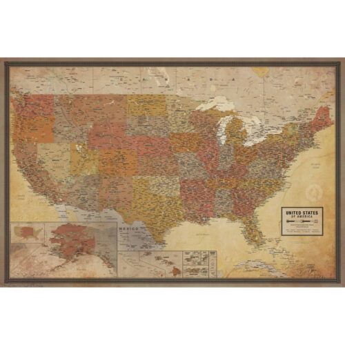 Detailed vintage style map of the United States with state boundaries, cities, and geographical features, perfect for travel planning, educational use, or home decor.