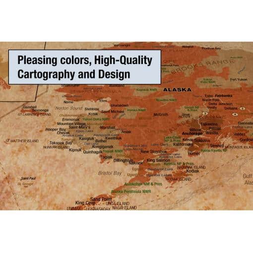 Vibrant Alaska map highlighting major cities, natural parks, and geographic features, showcasing high-quality cartography, rich colors, and detailed design for navigation and exploration.