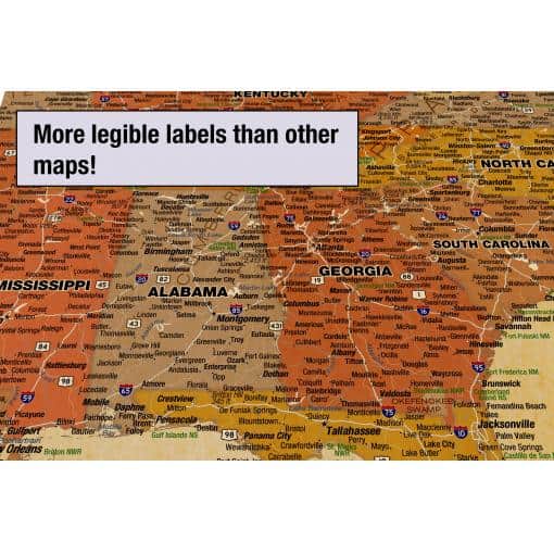 More readable state and city map labels for travel navigation and geographical reference.