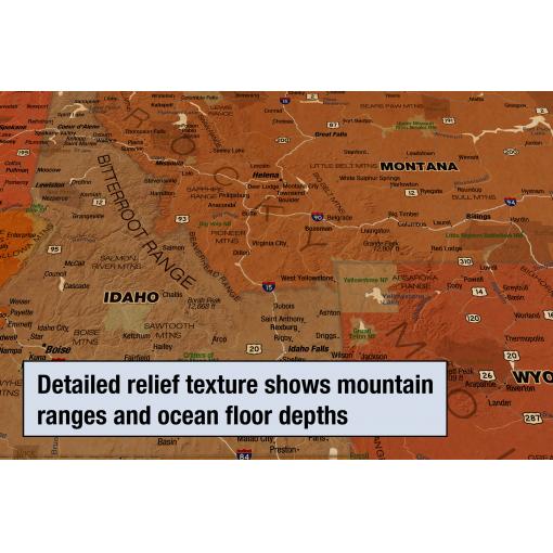 Map of Western US highlighting mountain ranges, ocean floor depths, and topographic details for travelers and outdoor enthusiasts.