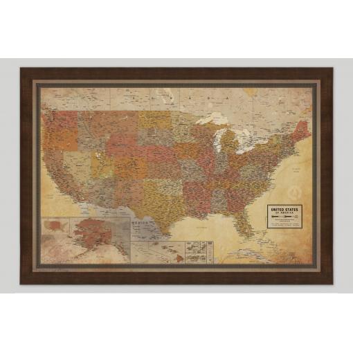 Detailed vintage-style map of the United States with state boundaries and geographic features, perfect for wall decor and educational purposes.